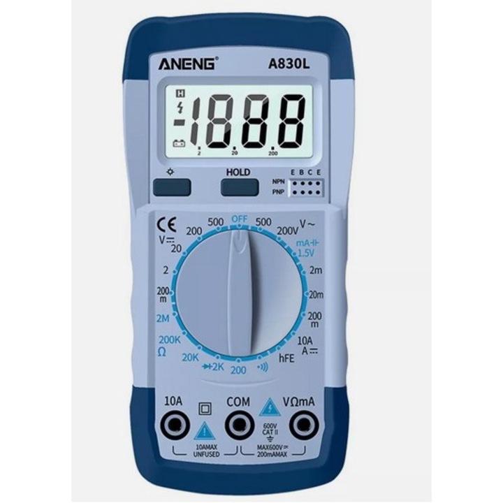 Цифров мултицет, ANENG, A830L, За измерване на напрежение, ток, съпротивление и капацитет, Защита от прегряване, Бял/син