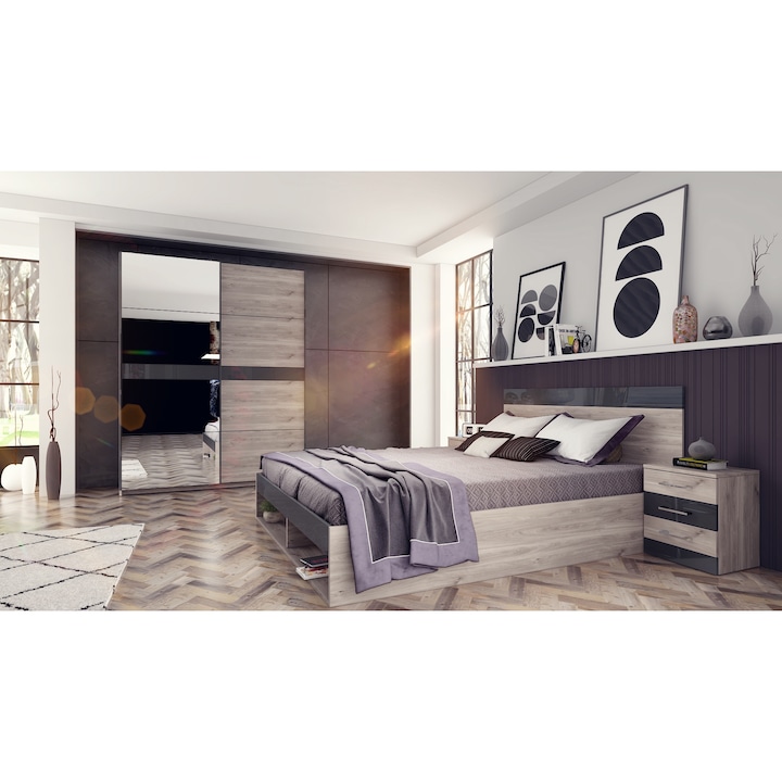 Спален комплект MBX, Fiore, гардероб, легло, 2 нощни шкафчета, greige castello oak, anthracite gloss MDF