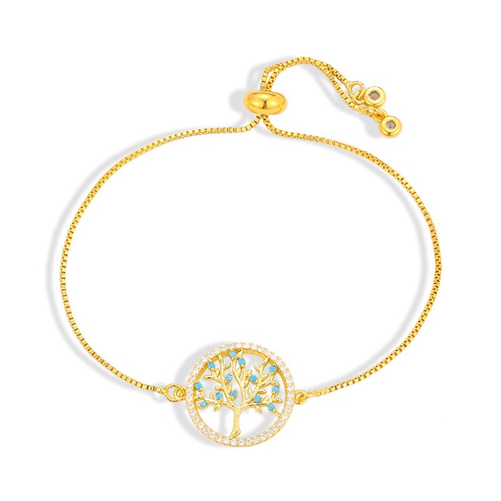 Bratara ajustabila, Cupru, Copacul Vietii, cristal albastru si zirconiu, auriu, 1.9x23cm