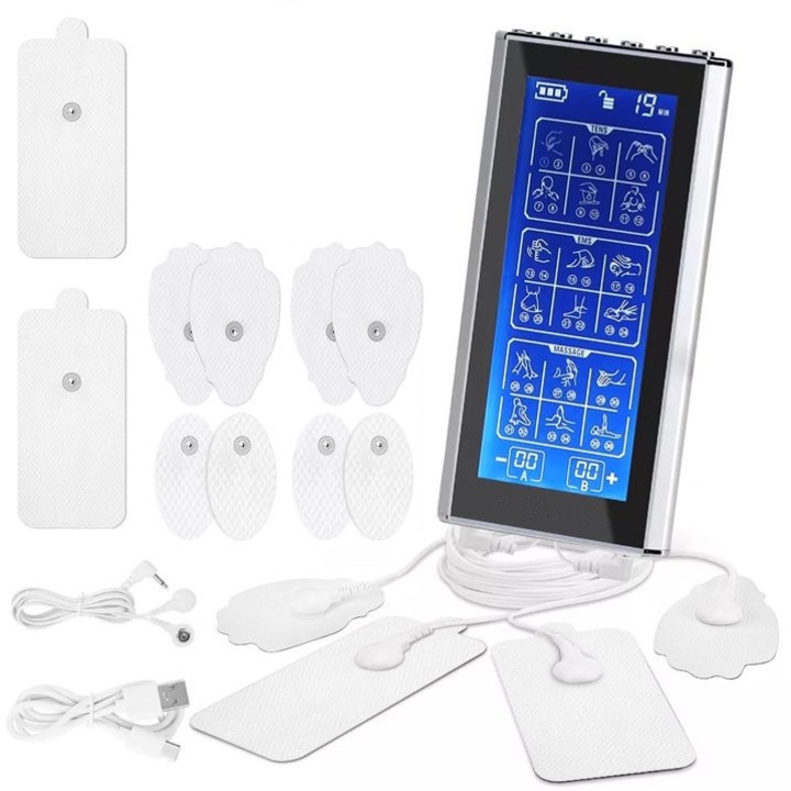 Aparat de masaj LEIISVK, electrostimulare, 24 tehnici masaj, timer ajustabil, argintiu, 10 electrozi