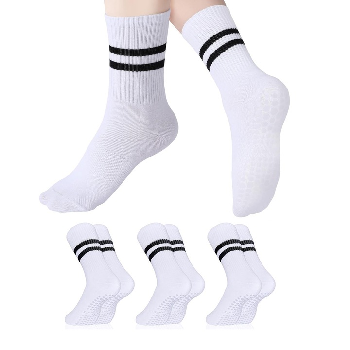 Sosete antiderapante, SINBINTA, 3 perechi, Dunga, Bumbac, Marime universala, Nu se estompeaza, Respirabil, Elasticitate ridicata, Rezistent la deformare, Absorbant de transpiratie, Pentru yoga, Dans, Pilates, Alb