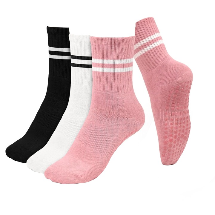 Чорапи против хлъзгане, SINBITA, 3 чифта, райе, памучни, един размер за всички, не избледняват, дишащи, висока еластичност, устойчиви на деформация, абсорбиращи потта, за йога, танци, пилатес, черно/бяло/розово