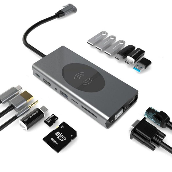 15 в 1 мултипортов хъб адаптер, MOSMAOO®, докинг станция, USB-C, безжично зареждане 10 W, 3 x USB 3.0, 4 x USB 2.0, 1 x USB-C PD 100 W, RJ45 Gigabit, HDMI, VGA, 3 щепсела, 5 мм, SD/TF, сив металик