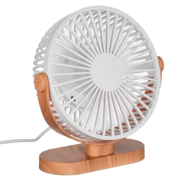 Fehér ventilátor talppal, fa hatású, USB 4W - Ø16cm