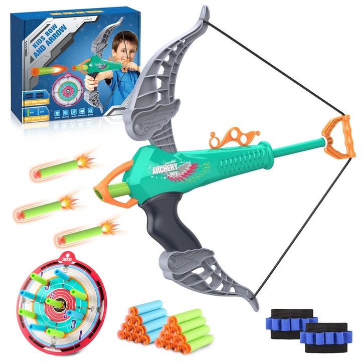 ATOPDREAM íj és nyíl készlet gyerekeknek, 20 lövedék tapadókoronggal, 2 karkötő, céltábla, zöld