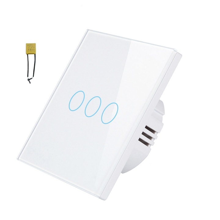 Intrerupator inteligent TLXT, touch, LED, sticla securizata, control vocal, programabil, Alb, 3 canale