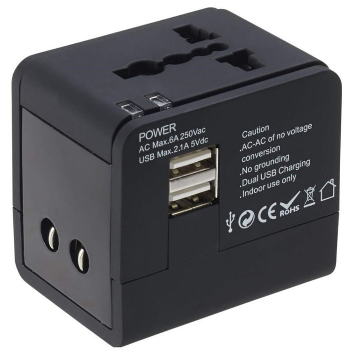 Adaptor de calatorie TLXT, 2xUSB 2.1A, universal, negru, 61x45x57mm