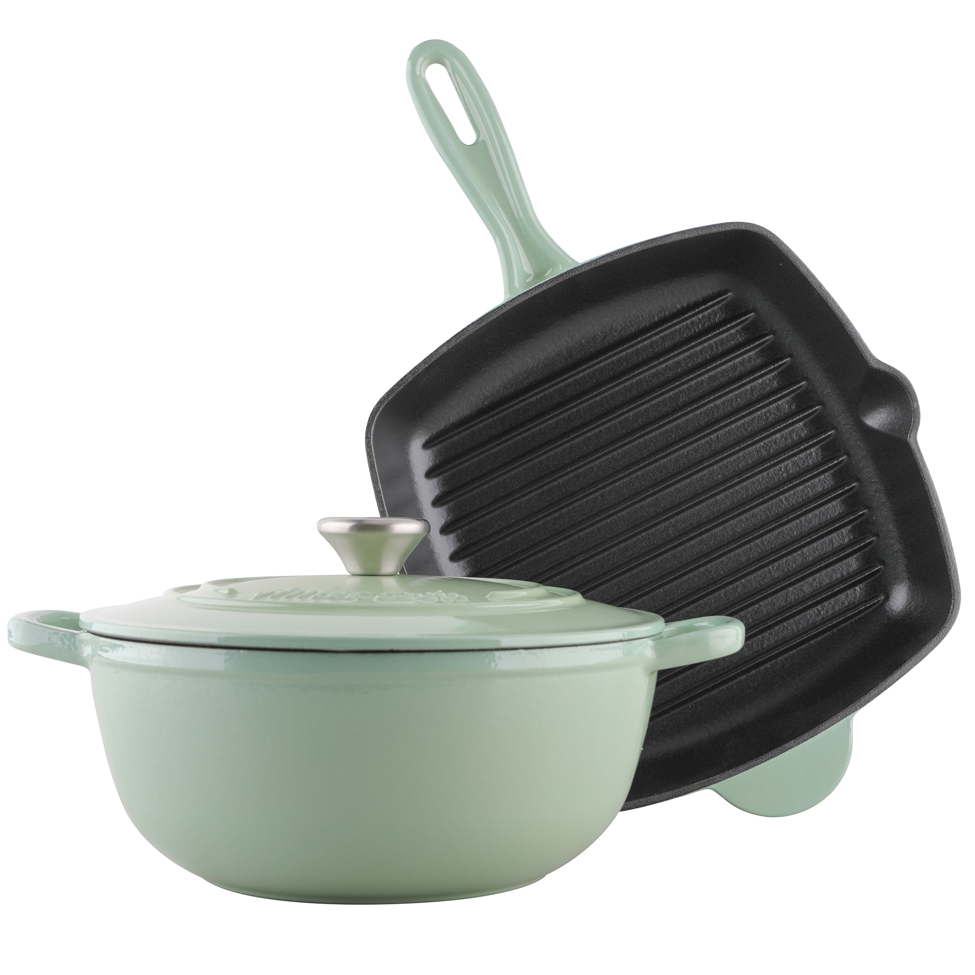Set 3 piese tigaie grill si oala cu capac Amercook IPot, fonta emailata, inductie, turcoaz