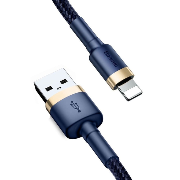 Cablu USB la Lightning, QC3.0, 1.5A, 2m, R90, Aluminiu, Nailon, Policarbonat, TPE, Albastru/Auriu