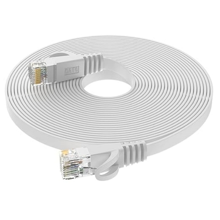 Cablu Ethernet plat, Cat6, 20m, alb, 250MHz, set cleme de prindere