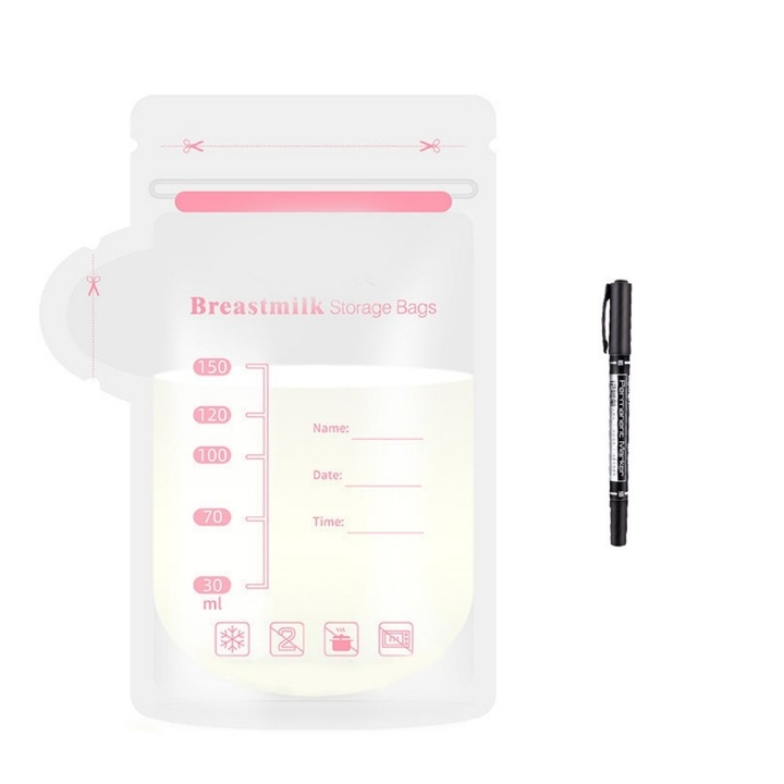 Set 30 Торбички за съхранение на кърма, етикет и скала за капацитет, против изтичане, 150мл