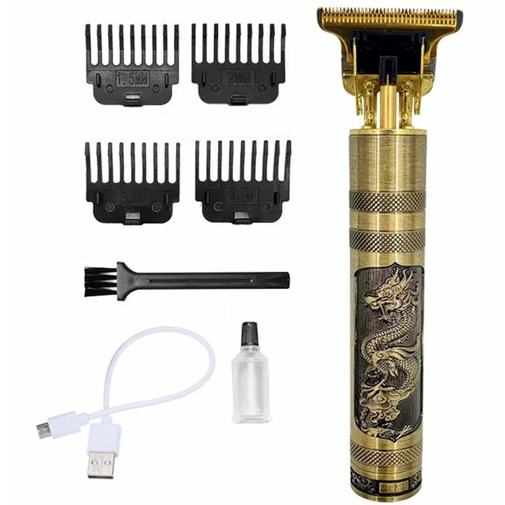 Aparat de tuns, trimmer barba si par, baterie incorporata 1200 mAh, 4 piepteni atasare, 120 min autonomie, otel, Auriu