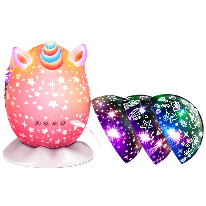 Детска нощна лампа ATOPDREAM, сменяеми теми еднорог/океан/звезди, ротация на 360, многоцветна, таймер за един час