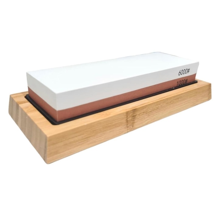 Piatra 2 granulatii 1000/6000, suport din silicon, suport bambus antiderapant, Cutit pentru transat, lama 13cm