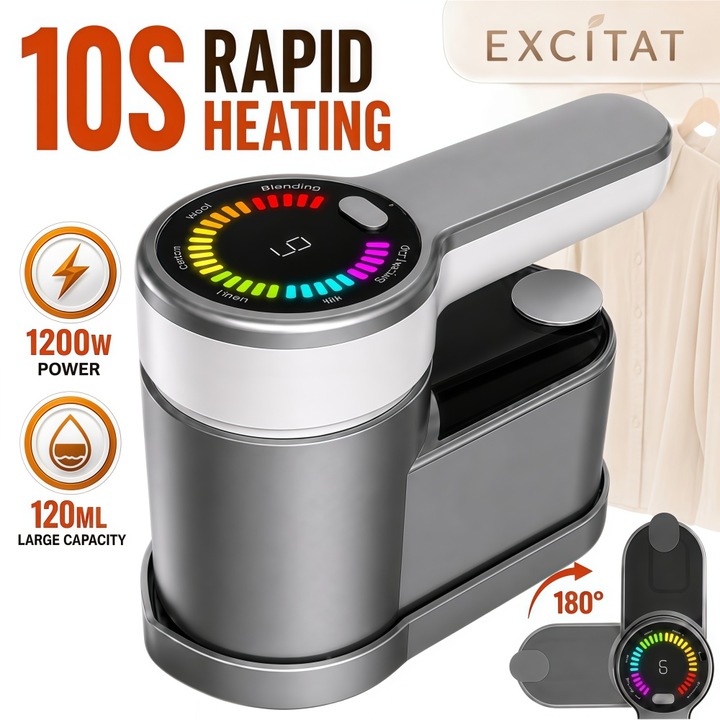Fier de calcat portabil, Excitat®, 6 moduri, 1300w, 120ml, 10 secunde incalzire rapida, functie de calcat umed si uscat, Ecran digital LED, Vertical Si Orizontal, ABS, Gri