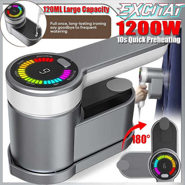 Fier de calcat portabil, Excitat®, 6 moduri, 1200w, 10 secunde incalzire rapida, 120 ml, functie de calcat umed si uscat, Ecran digital LED, ABS, Gri