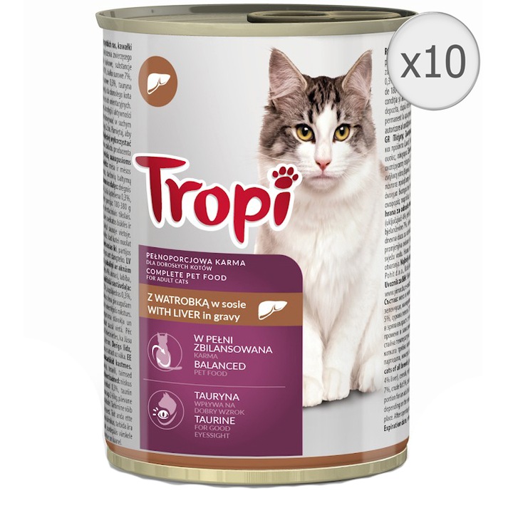 Мокра храна за котки TROPI, Adult, Консерва, С черен дроб, 10 x 415 гр