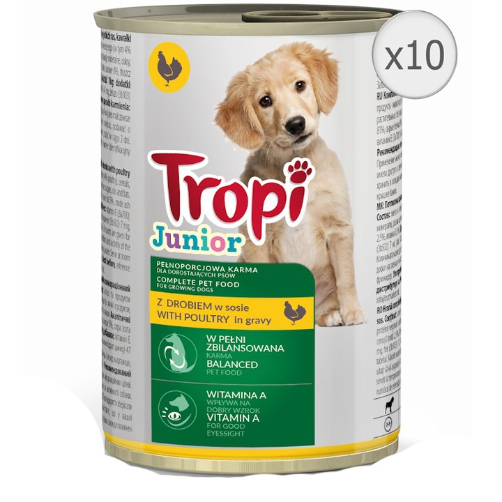 Мокра храна за кучета Junior TROPI, С пилешко, Консерва, 10 x 415 гр