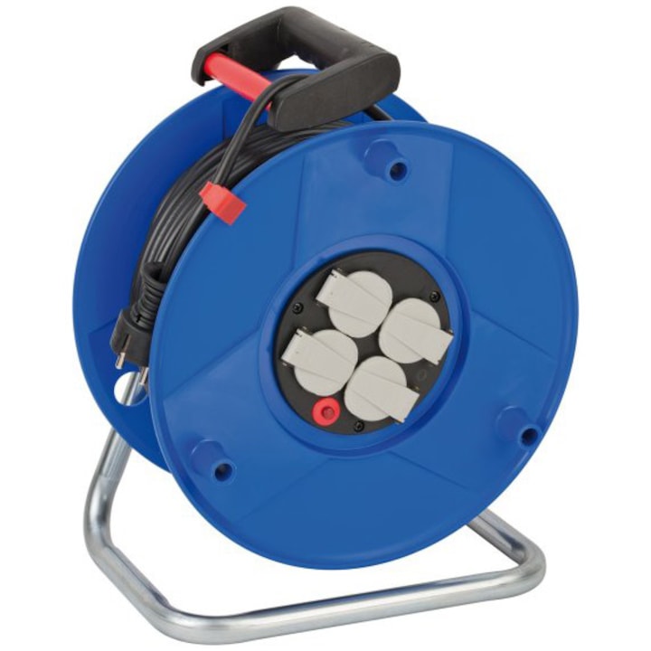 Разклонител с макара Brennenstuhl Garant, 4 гнезда, Заземяване, Самозатварящи се капаци, IP20, H05VV-F 3G1.5, 50 м, Черен/Син/Сив