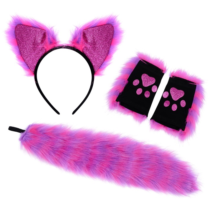Set Accesorii Cosplay, Coada de Vulpe/Lup si Urechi de Pisica din Blana Artificiala, Manusi Fara Degete, Multicolor, pentru Adulti si Copii