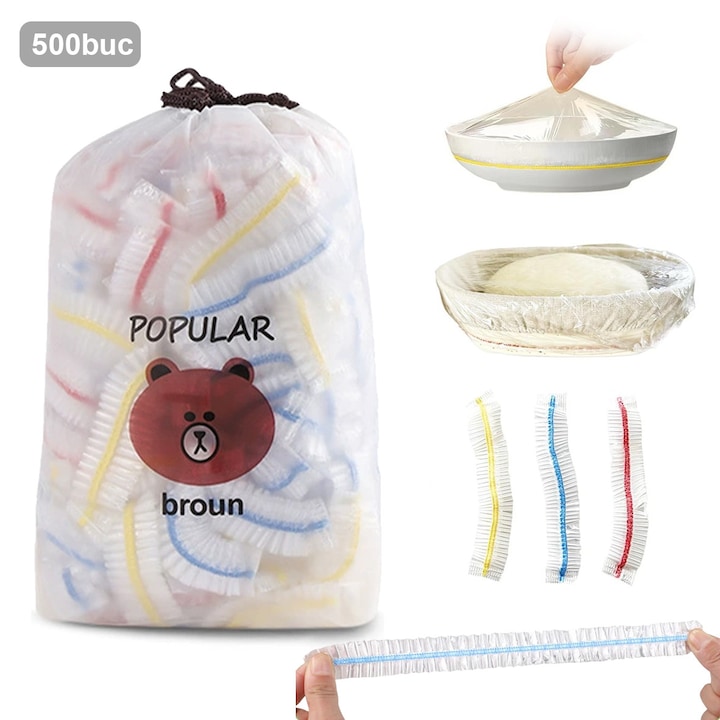 Set 500 pungi alimentare cu elastic, 24 cm diametru, foarte rezistente, pentru acoperirea alimentelor, tip capac, plastic, reutilizabile, transparent PE