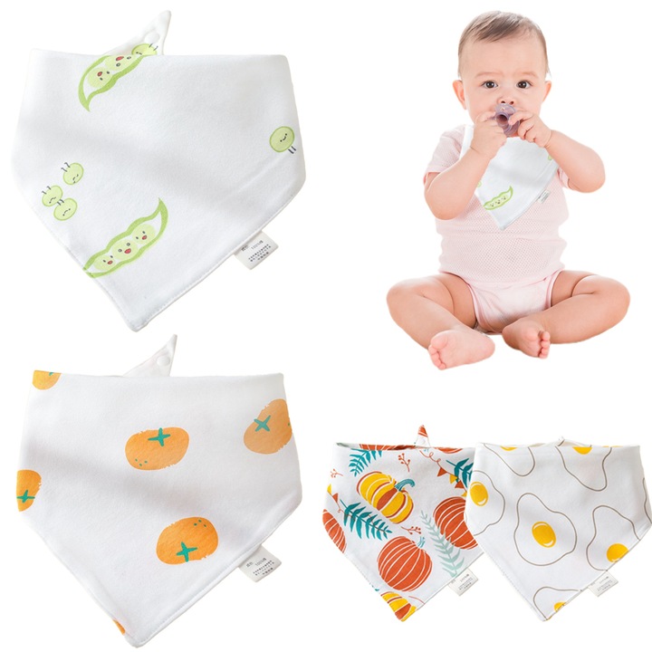 Baveta din bumbac RUIOMII®, triunghiulara, cu absorbtie ridicata, inchidere cu nasture, potrivita pentru baieti si fete, Set of 4, alb