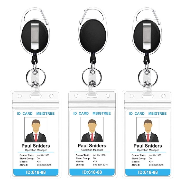 Set 3 Ecuson de identitate cu suport clip, cu sistem de blocare legitimatie, Transparent, rola retractabila, Durabil, Portabil, Usor de atasat si detasat, gri