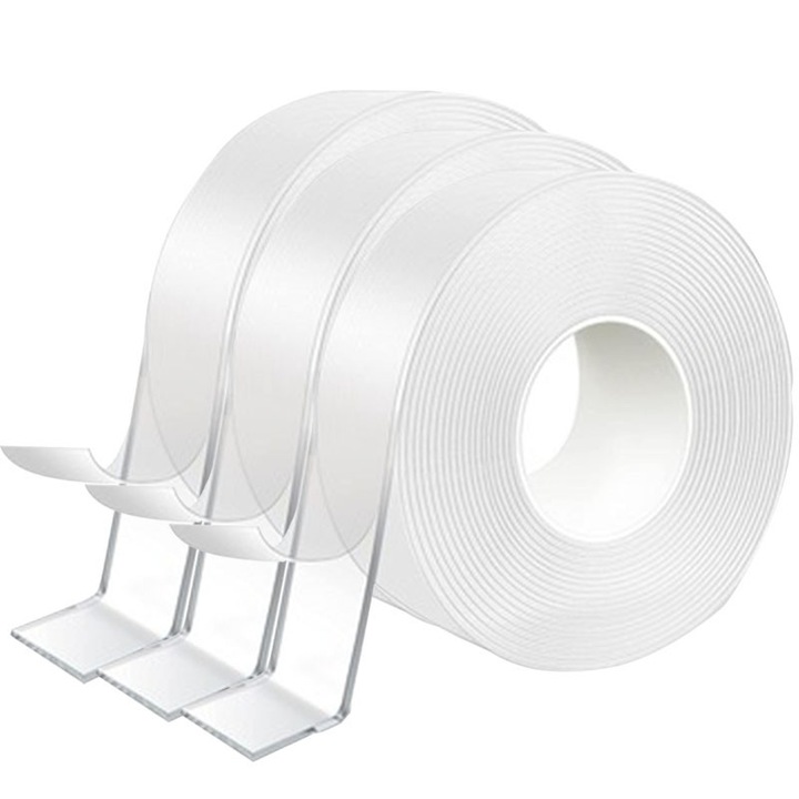 Banda dublu adeziva puternica cu Tehnologie Nano, Prixtal, Transparenta, Siliconica, Rezistenta la apa, Reutilizabila, Nu lasa urme, Grosime 2mm, Latime 3 cm, Lungime 5*3m, potrivit pentru industria auto, mobilier si bucatarie sau baie