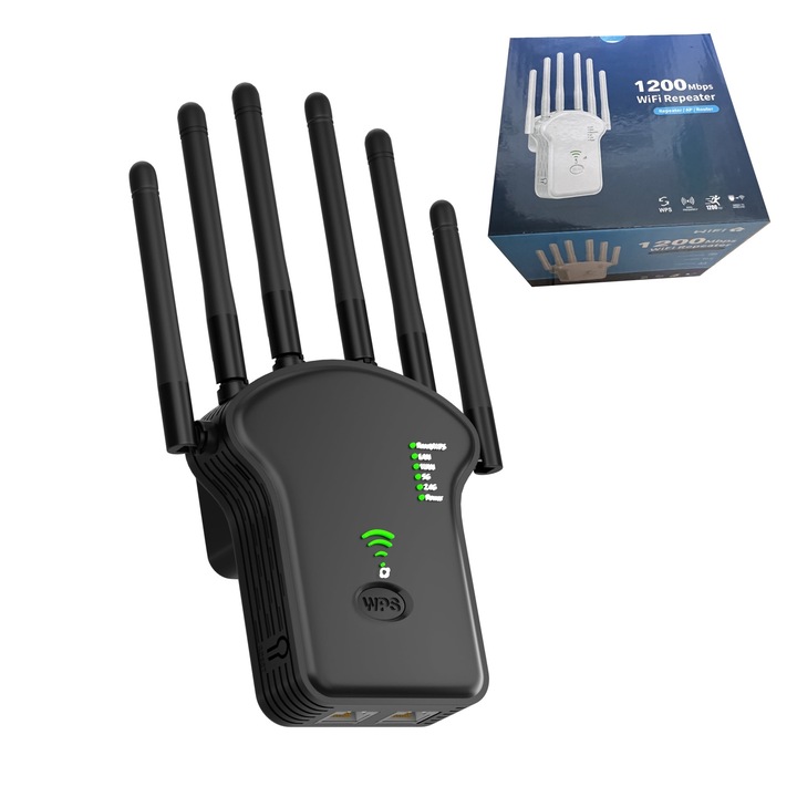 Адаптер ZAI.TU WiFi Range Extender, Безжичен, 6 антени, Високоскоростен двулентов, 1200Mbps 5GHz/2.4GHz, Черен