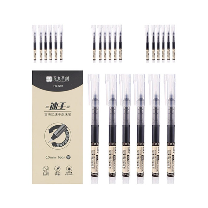 Set 36 pixuri pen, Soft Feel Grip, Scriere neteda si uscare rapida, 0.5mm, cu Capac, Large capacity, more durable, cerneala negru