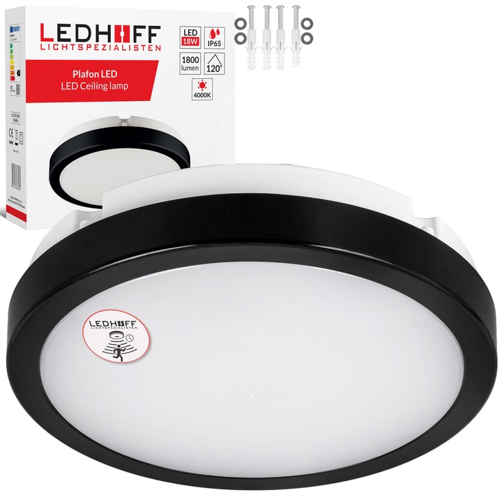 Plafoniera cu LED, Ledhoff, exteriora, cu senzor de miscare, 18W, 1800lm, Neutru, IP65, 4000K, 120°, 230V, PVC, Clasa eficienta energetica F, 22 x 5.5cm, Negru