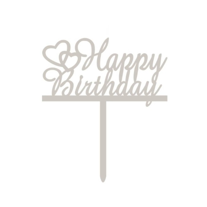Topper argintiu, 150x130x1.5 mm, inima, happy birthday