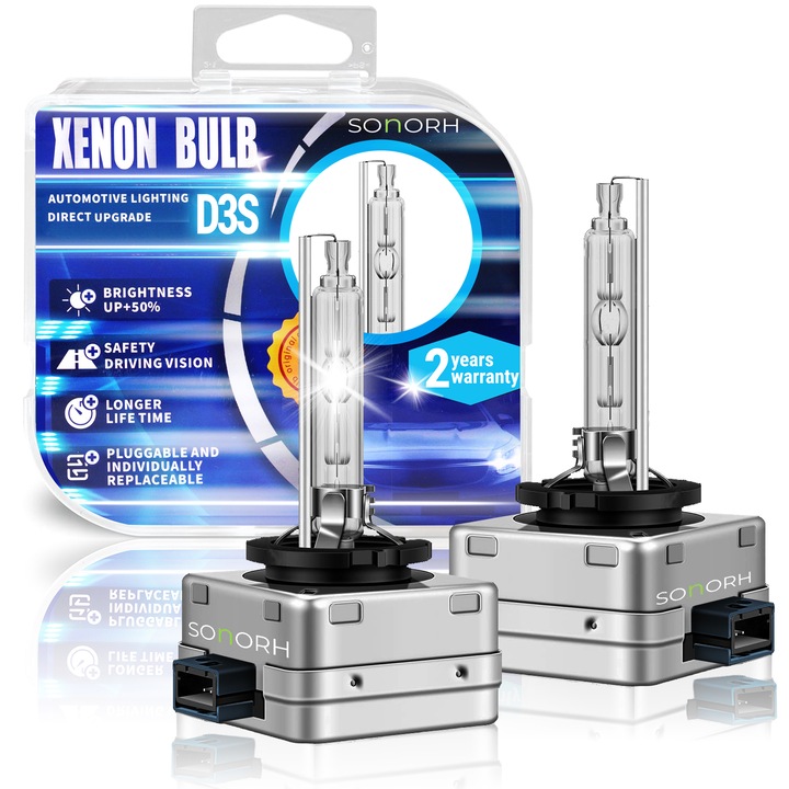 Комплект от 2 ксенонови крушки D3S, 35W, HID, 6000k, Plug&Play, Адаптер, +50%, SONORH