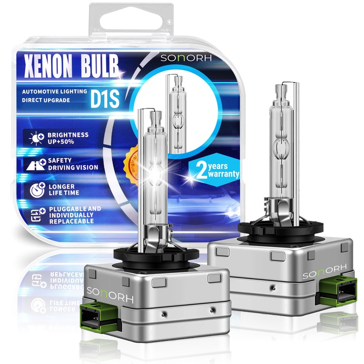 Комплект от 2 ксенонови крушки D1S, 35W, HID, 6000k, Plug&Play, Адаптер, +50%, SONORH