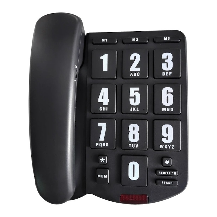 Telefon cu fir AIEK PK3000, butoane mari, memorie rapidă, negru