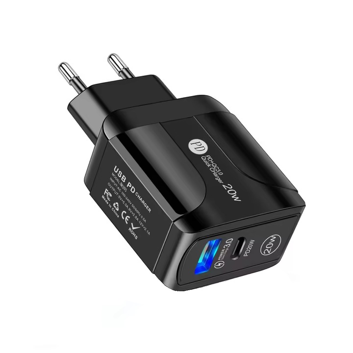 Incarcator retea telefon mobil IQER® Fast Charge, PD20W QC3.0 dual-port, adaptor cap de incarcare, Negru