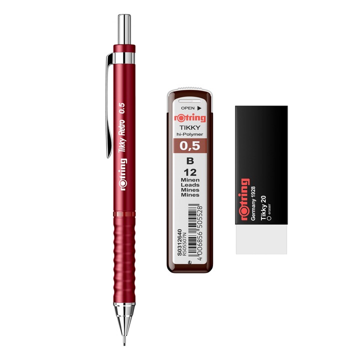 Rotring Tikky Retro rotrin, 0.5 készlet + grafitfilc 0.5 + radír Tikky 20, piros