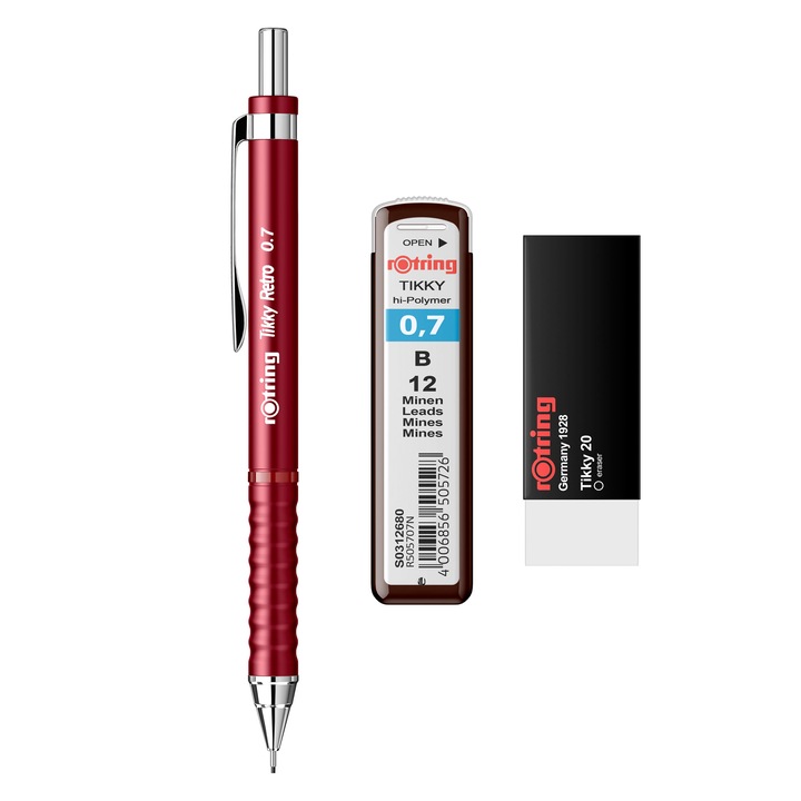 Rotring Tikky Retro rotring, 0.7 + grafitfilc 0.7 + radír Tikky 20, piros