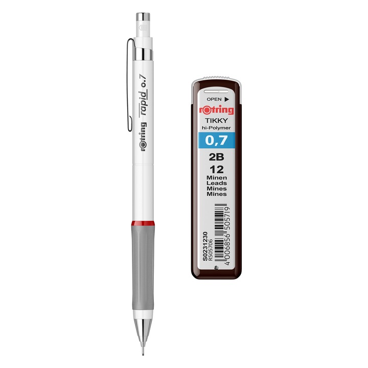 Rotring szett, Mechanikus ceruza, 0.7 mm, Rapid XL, Fehér + grafit hegy 0.7 2B