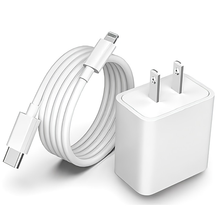 Lightning töltő - USB C, kompatibilis telefon 14 / 14 pro / 13 / 13 pro / 12 / 12 pro / 11 / 11 Pro / 11 Pro Max / XS Max / XS / X / XR / 8 / 8 Plus, dobozban, adapter 20w-os és adatkábel gyors telefontöltéssel, Fast Charge 20w, 150cm, fehér
