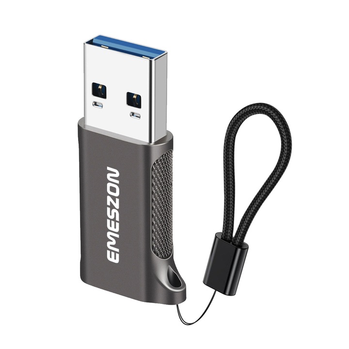 Кабелен адаптер Type-C, Emeszon®, преобразува OTG Type-C или USB-C в USB 3.2, трансфер на данни до 10 Gbps, цинкова сплав, сив
