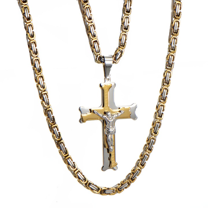 Lant de gat model Byzantine, Hggzeg, Cu pandantiv in forma de cruce cu Iisus Hristos, Nu se estompeaza, Unisex, Placat cu aur 18K, Otel inoxidabil/Metal, Argintiu si Auriu