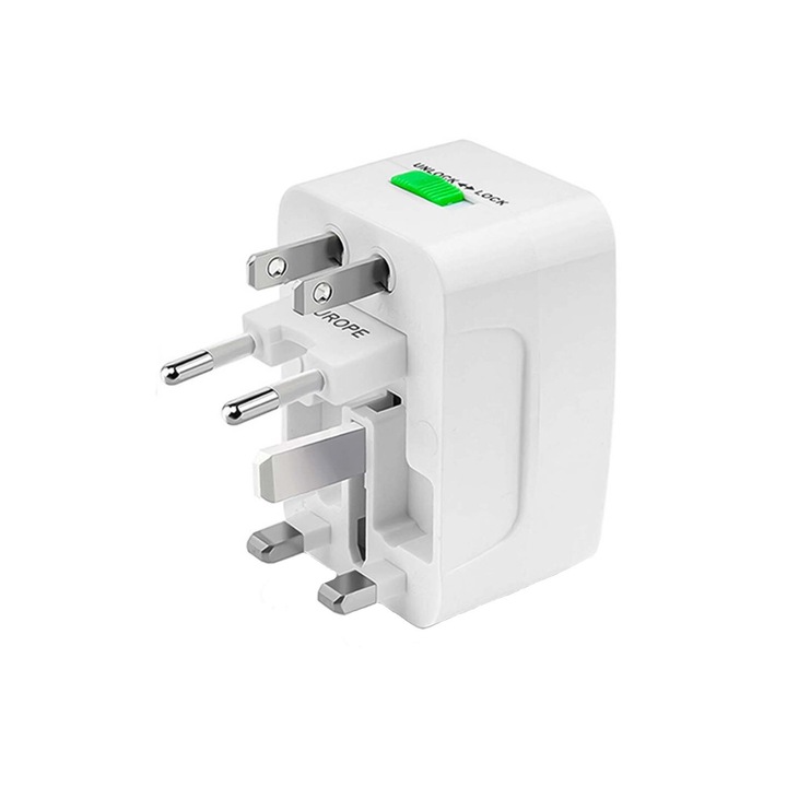 Univerzális utazási töltő adapter 2xUSB-vel EU, USA, UK, AUST, Fehér