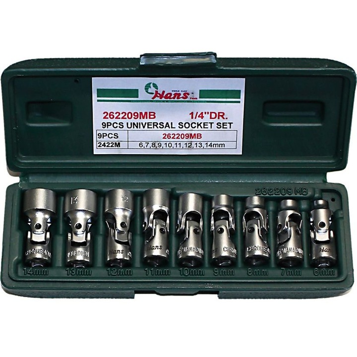 Set 9 articulatii universale pentru chei tubulare, antrenor patrat 1/4 inch, deschidere cheie 10 mm, 11 mm, 12 mm, 13 mm, 14 mm, 6 mm, 7 mm, 8 mm, 9 mm