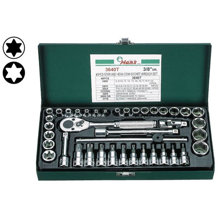 Trusa 40 scule, tubulare, profil hexagonal, biti cu soclu, cheie clichet, adaptor, extensie, articulatie, bara forta