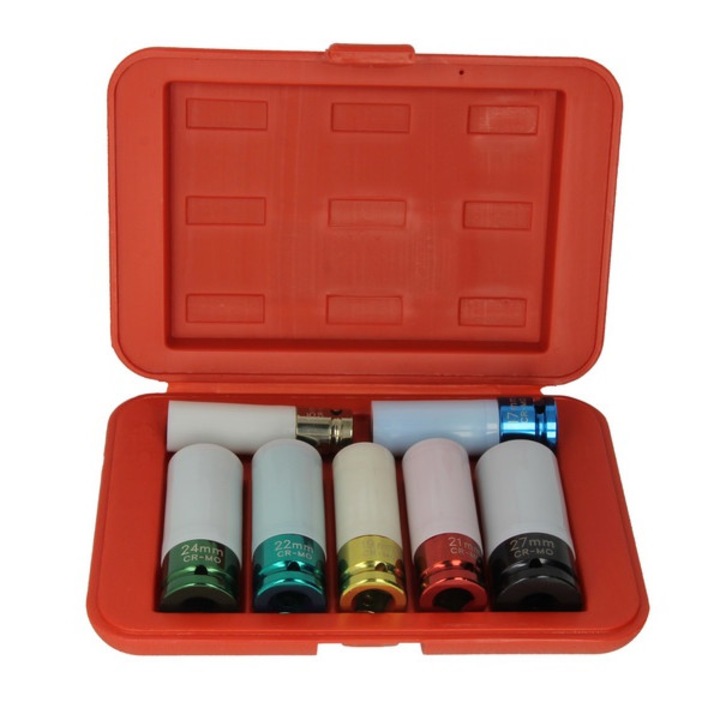 Комплект от 7 гаечни ключове, шестоъгълен профил, размер на вложката 1/2 инча, отвор на гаечния ключ 15 мм, 17 мм, 19 мм, 21 мм, 22 мм, 24 мм, 27 мм