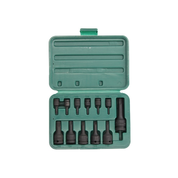 Set 12 chei bit de impact HANS, profil TORX, prindere 1/2, 1/4, 3/8 inch, dimensiuni T10, T15, T20, T25, T27, T30, T40, T45, T47, T50, T55, T60