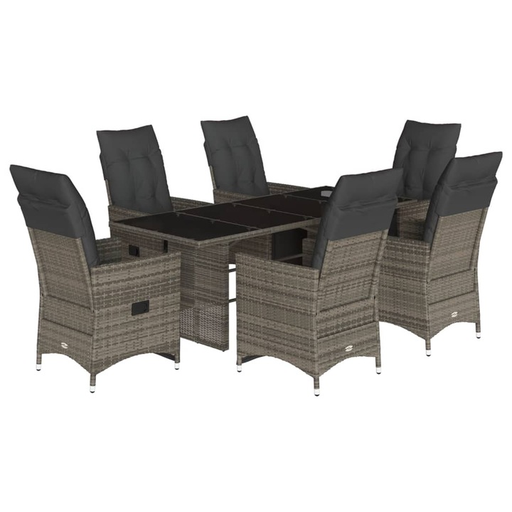 Set bistro de gradina cu perne, vidaXL, 7 piese, gri, poliratan, 43 kg 3276899