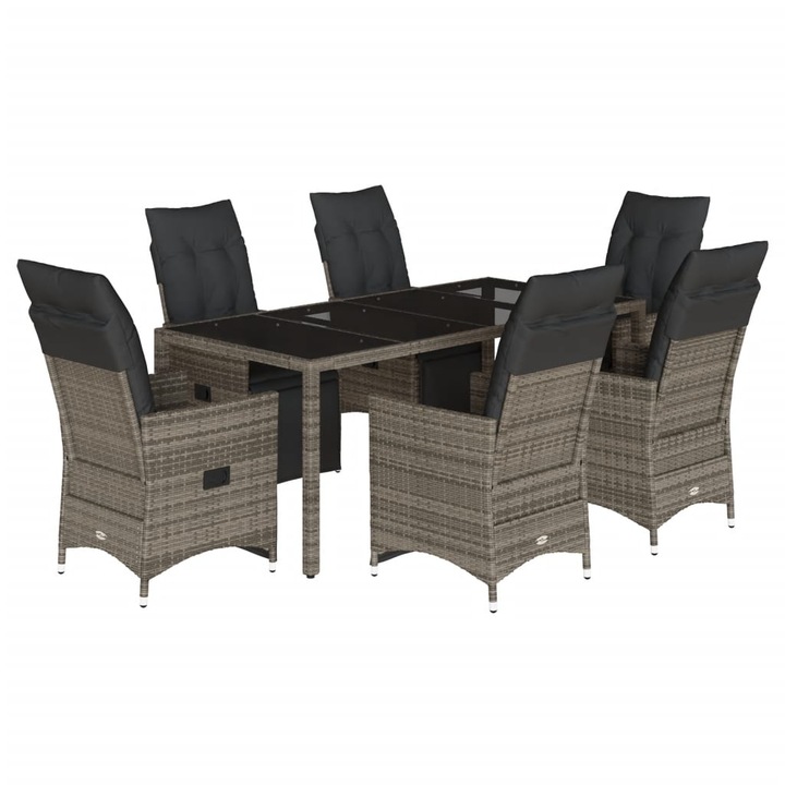 Set bistro de gradina cu perne, vidaXL, 7 piese, gri, poliratan, 43 kg 3276897