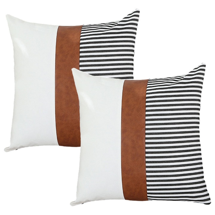 Set de 2 fete de perna din in cu imprimeu rustic, fata de perna din imitatie de piele, 2